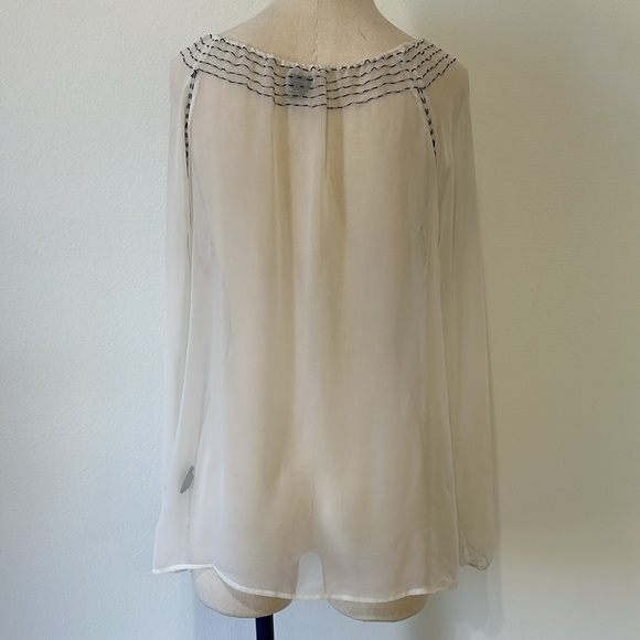 Aziz Sheer White Long Sleeve Blouse with Contrast Stitching and Bead Design - L - Picture 2 of 10